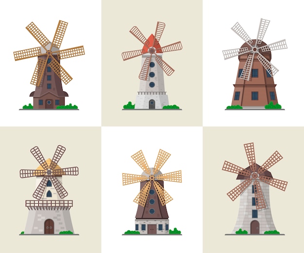 Traditional old windmill buildings set