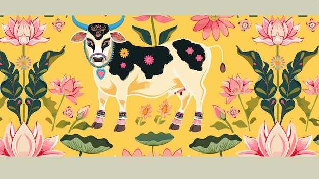 Vector traditional pichwai pattern with seamless design of cow and lotus