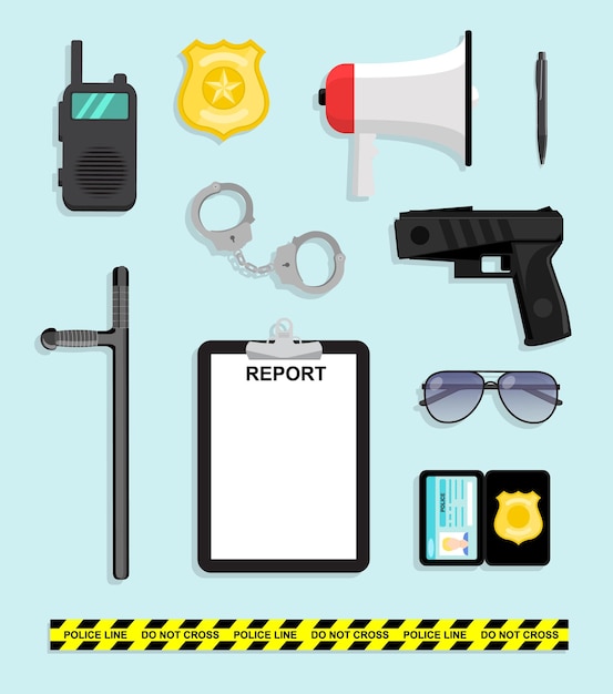 Vector traditional police items set. cartoon stylized blank for arrest warrant taser handcuffs sunglasses and police badge. vector illustration