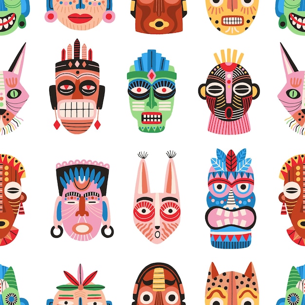 Traditional ritual or ceremonial tribal masks vector flat illustration. Colorful shapes of human face or animal s muzzle seamless pattern. Ethnic decorative masquerade attribute wallpaper template.