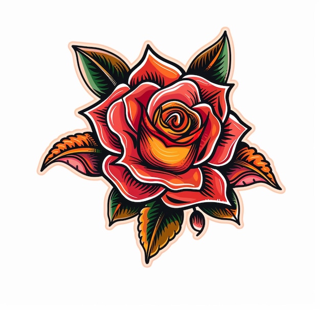 Vector traditional rose tattoo sticker in bold colors