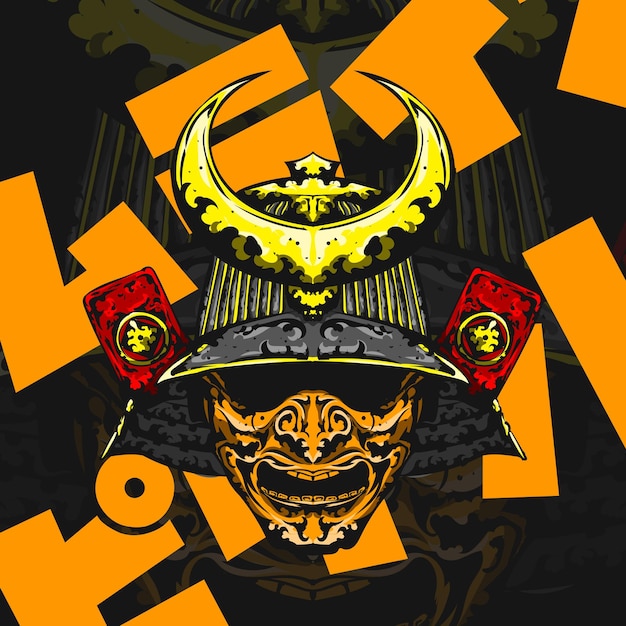 traditional samurai orange helmet illustration in vintage style