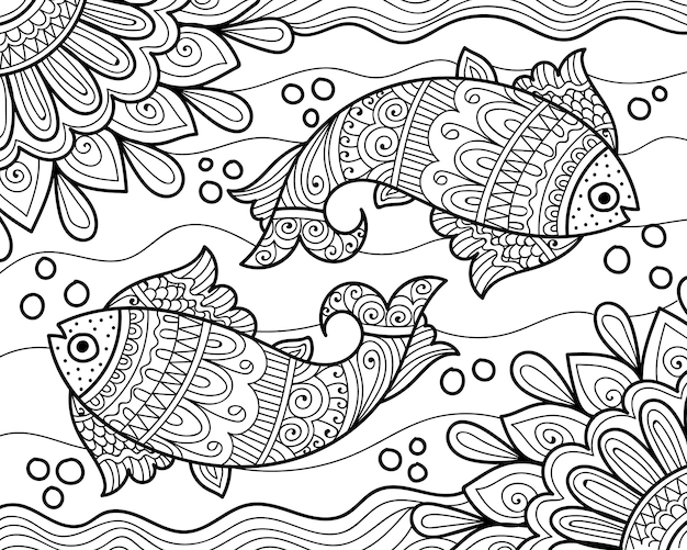 Traditional style fish pair coloring book page in henna style