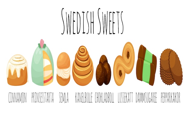 Traditional swedish sweets set Kanelbulle roll cinnamon bun prinsesstarta semla chokladboll