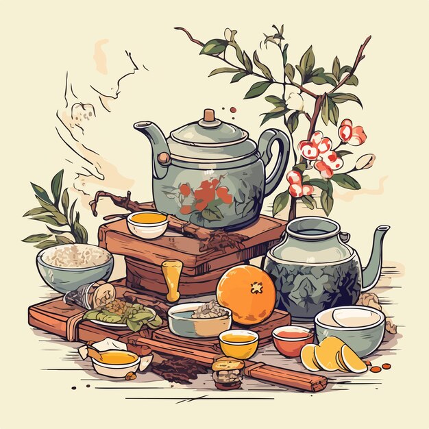 Vector traditional tea ceremony with colorful elements