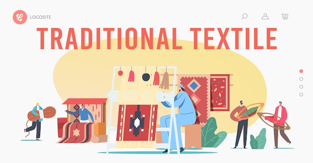 Traditional Textile Landing Page Template. Characters Weaving Carpet on Handloom and Selling on Asian Bazaar. Oriental Art, Handmade Craft, People Making Rugs. Cartoon People Vector Illustration