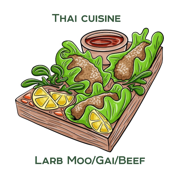 Traditional Thai food Larb Moo Gai Beef on white background Isolated vector illustration