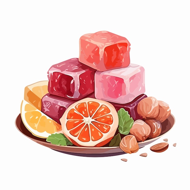 Vector traditional turkish delight lokum candies with sweet sugar crystals background