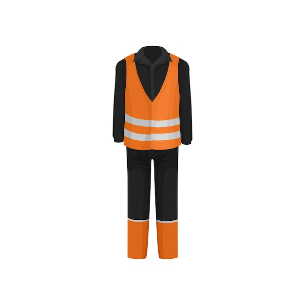 Traditional uniform of roadman Black jacket pants and bright orange vest with reflective stripes Clothes of road worker Workwear theme Colorful flat vector design isolated on white background