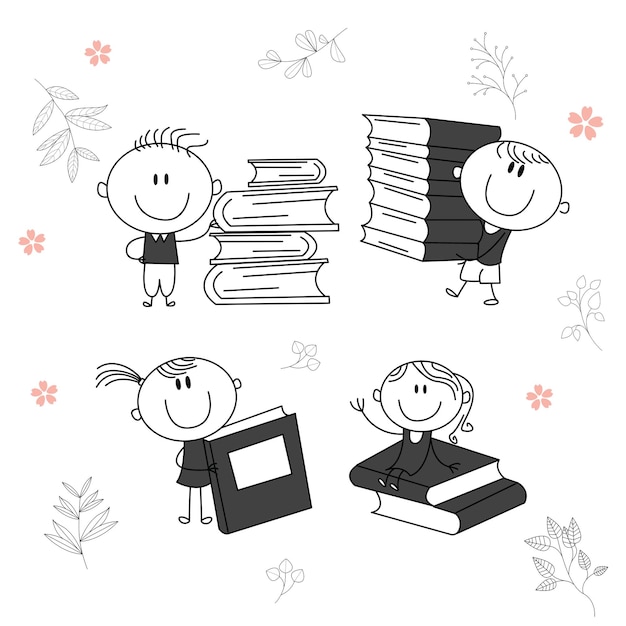 Traditional vector illustration of a child with a big smile child character carrying a book