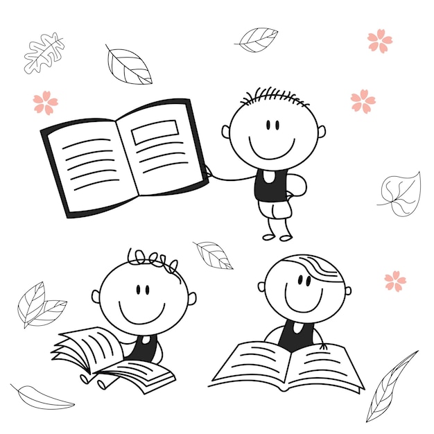 Traditional vector illustration of a child with a big smile child character reading a book