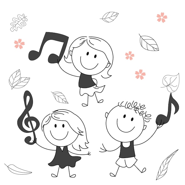 Traditional vector illustration of a child with a big smile music