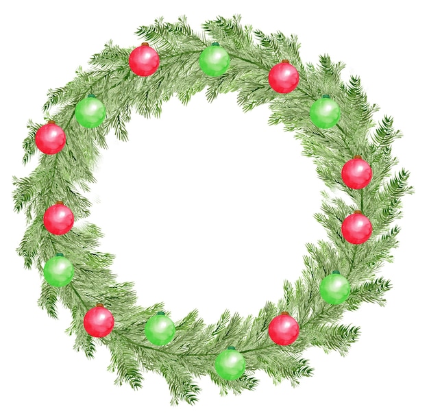 Traditional watercolor christmas pine tree wreath with red and green balls