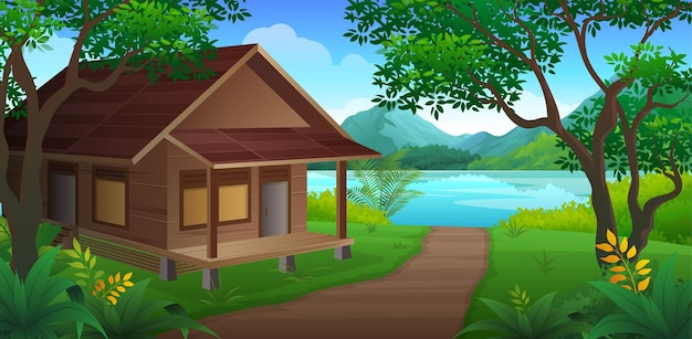 Traditional wooden house by the river with beautiful natural views of tropical forest vector cartoon