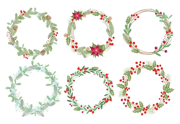 Traditional Xmas decoration with mistletoe, ilex and poinsettia flowers. Winter decorative elements.