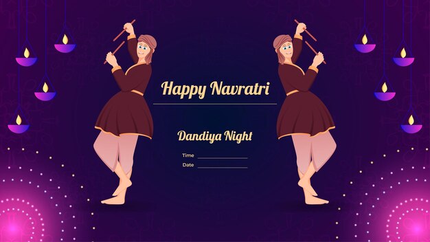 Traditionally dressed men with dandiya stick Happy Navratri banner vector