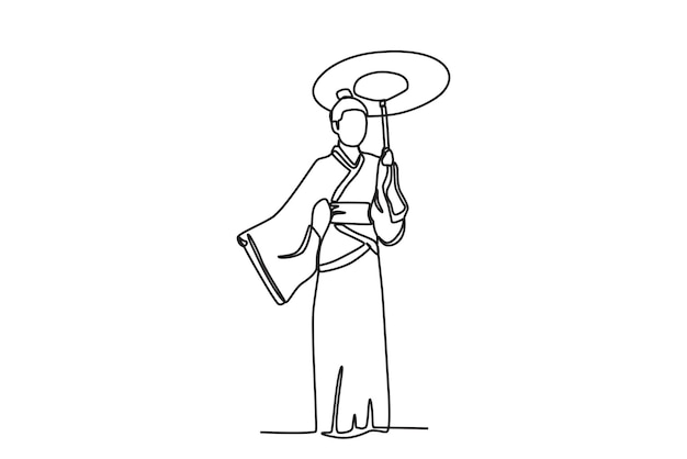 A traditionally dressed woman carries an umbrella Chuseok oneline drawing