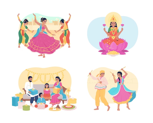 Traditions during Diwali 2D vector isolated illustrations set