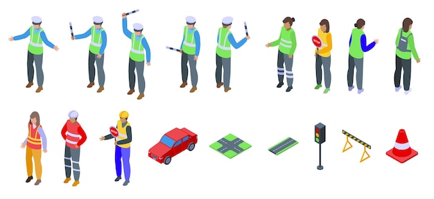 Traffic controller icons set isometric vector Road policeman