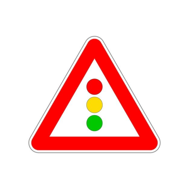 Traffic light icon on the triangle red and white road sign on white