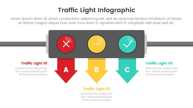 traffic light infographic template banner with horizontal direction with arrow bottom direction with 3 point list information for slide presentation