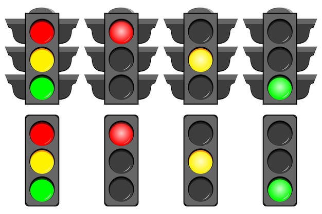 Traffic light interface icons set isolated on white background. Vector concept Typical horizontal traffic signal with red no, stop , yellow wait and green yes, go light. Flat design illustration