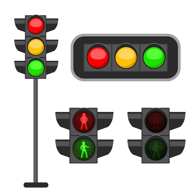 Traffic light. Led lights red, yellow and green colors signals street regulation, crosswalk and road safety, control accidents, web design banner vector set isolated on background