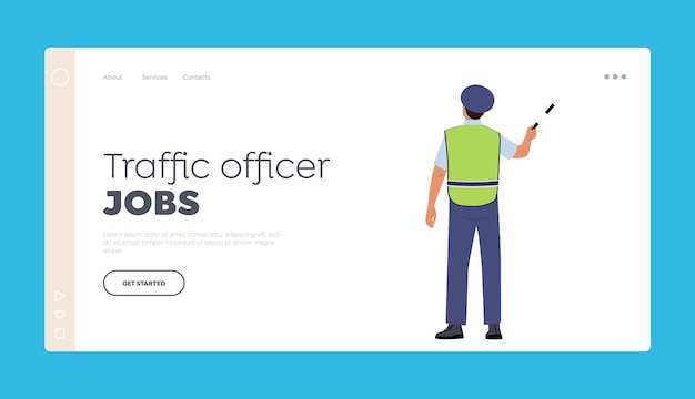 Traffic Officer Road Inspector Job Landing Page Template Policeman Wear Uniform Holding Baton Rear View Police Officer Male Character Professional Occupation Cartoon People Vector Illustration