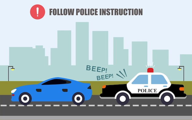 Traffic police car following blue car on the city road Flat vector illustration