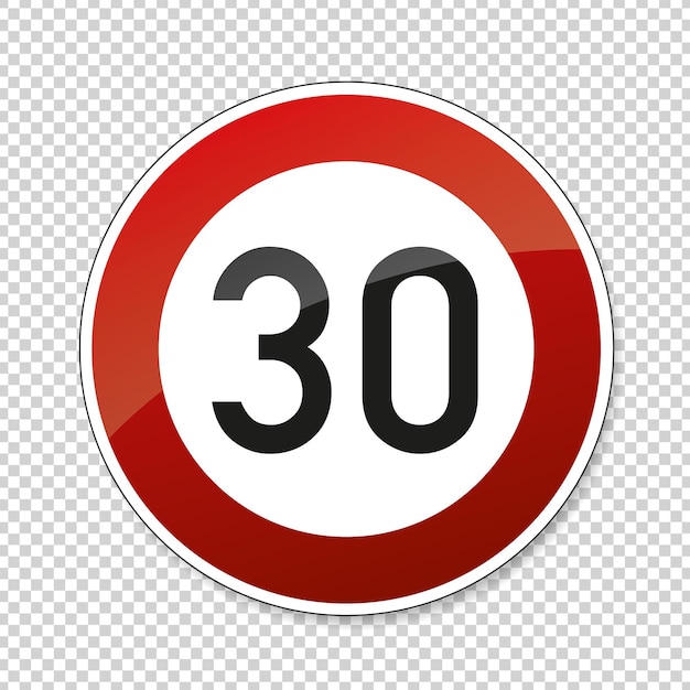 Traffic sign speed limit thirty German traffic sign restricting speed to 30 kilometers per hour on checked transparent background Vector illustration Eps 10 vector file