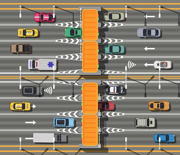 Vector traffic toll gate top view highway toll