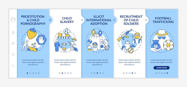 Trafficking of children onboarding vector template. Responsive mobile website with icons. Web page walkthrough 5 step screens.Child slavery and exploitation color concept with linear illustrations