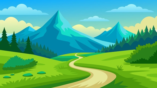 A trail twisting and turning through a vibrant green meadow the breathtaking mountain landscape