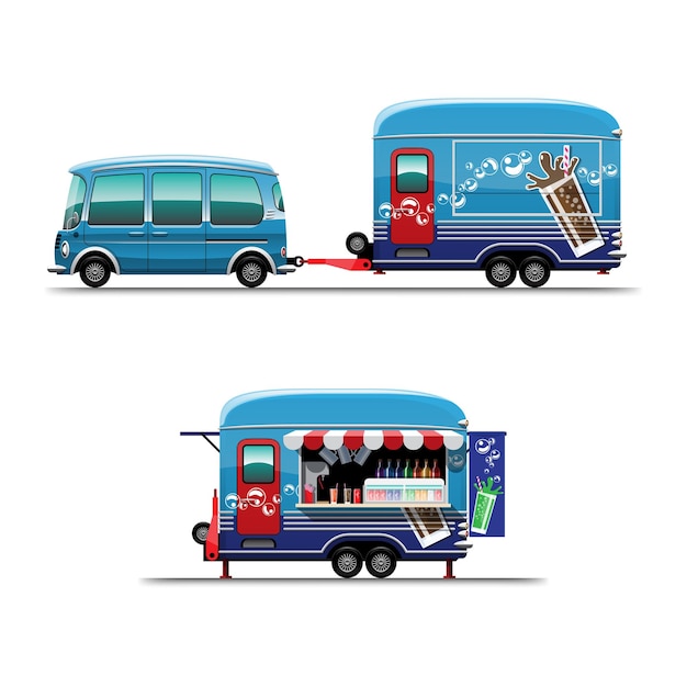 Trailer food truck with cold beverage shop drawing  style flat  illustration on white background