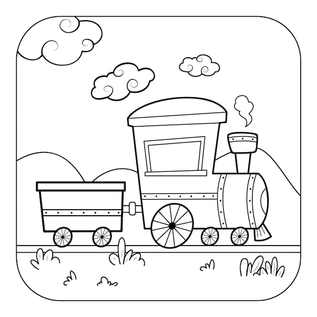 Train black and white Coloring book or Coloring page for kids Nature background