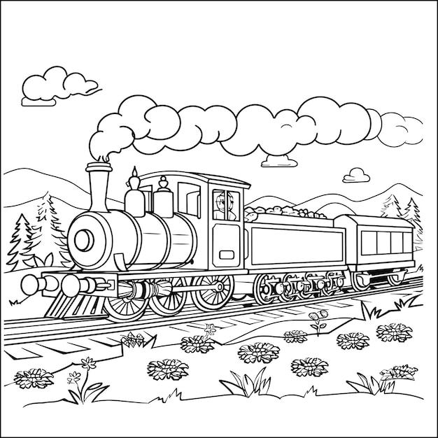 Vector train coloring page for kids train coloring page illustration