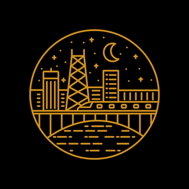 A train cross a city tower at the night mono line design design for tshirt badge sticker etc