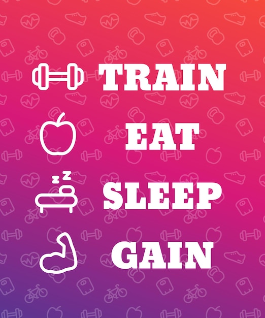 Train eat sleep gain vector poster for gym with fitness workout icons