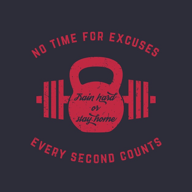 Train hard, vintage gym t-shirt design, print, kettlebell and barbell, red on dark, vector illustration