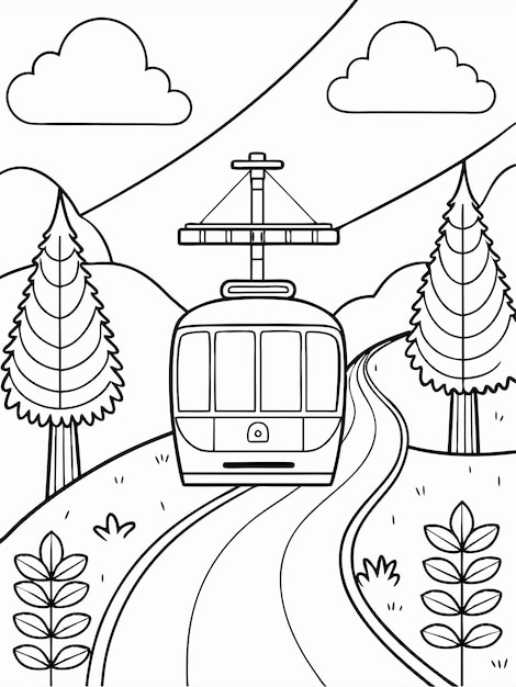 Vector a train is going down a road with trees and clouds