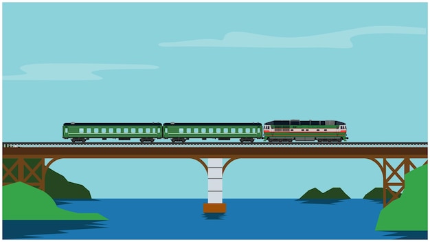 Train is passing on a river in a day time for 2d cartoon animation background vector illustration