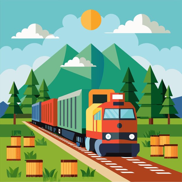 Vector a train is traveling through a forest with mountains in the background