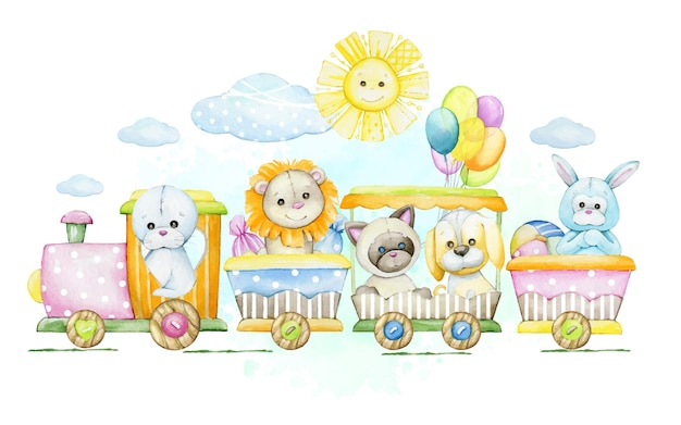 Train kangaroo lion kitten puppy navy seal dream clouds Watercolor clipart in cartoon style