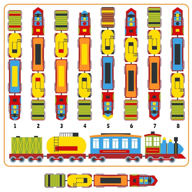 Train logic game Find correct top view version of locomotive train with wagons 3d puzzle test vector illustration