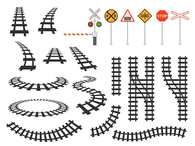 Train railway tracks curved silhouette, barrier and road signs. Railroad perspective and top map view. Tram winding roads element vector set