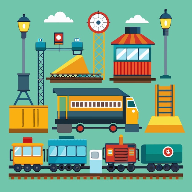 Vector train set with a locomotive passenger cars and a freight car with a train symbol a station building streetlights and train track