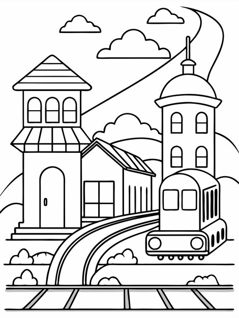 Vector train station coloring book pages for children and adults with vector design