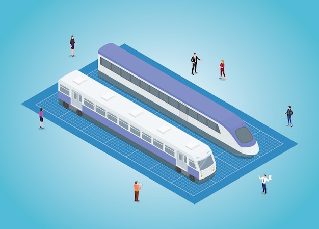 Train transportation development blueprint with modern isometric style vector illustration