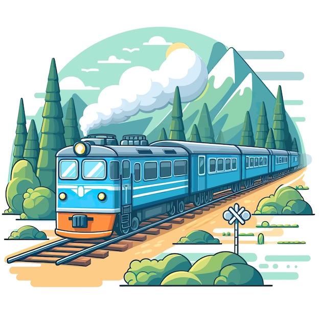 a train with a picture of a mountain in the background