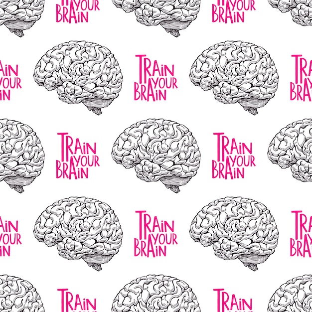 Vector train your brain. beautiful seamless pattern of realistic brain and text on a black background. hand-drawn illustration